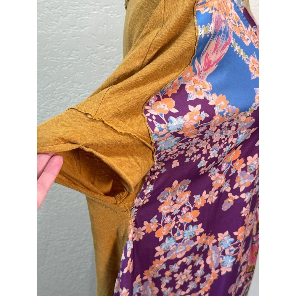 Free People Women Large Mixed Print Floral Asymmetrical Mustard Top OB1704333